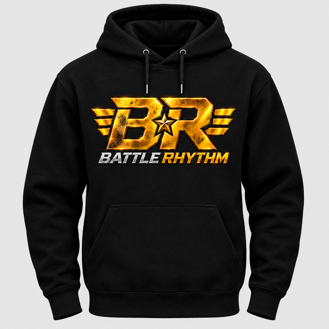 black hoodie with metallic battle rhythm logo